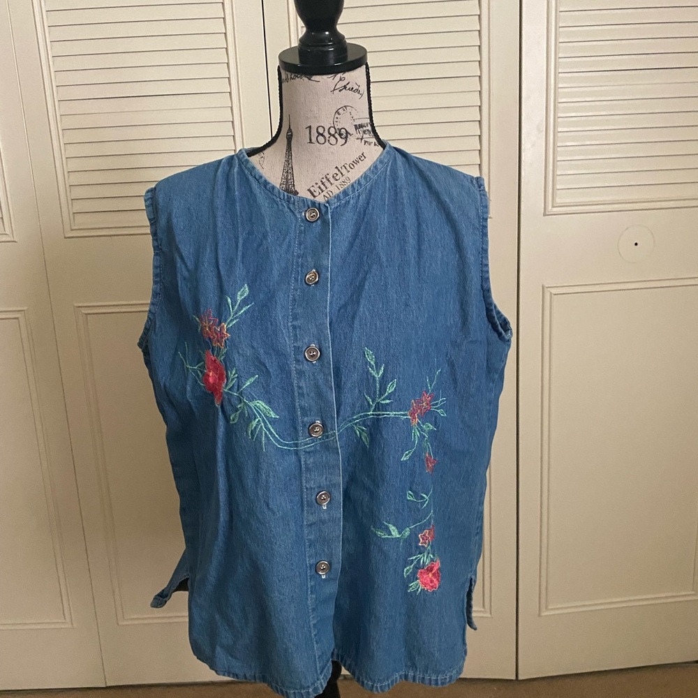 Fire Studio Vintage Denim Top floral embroidered sleeveless
